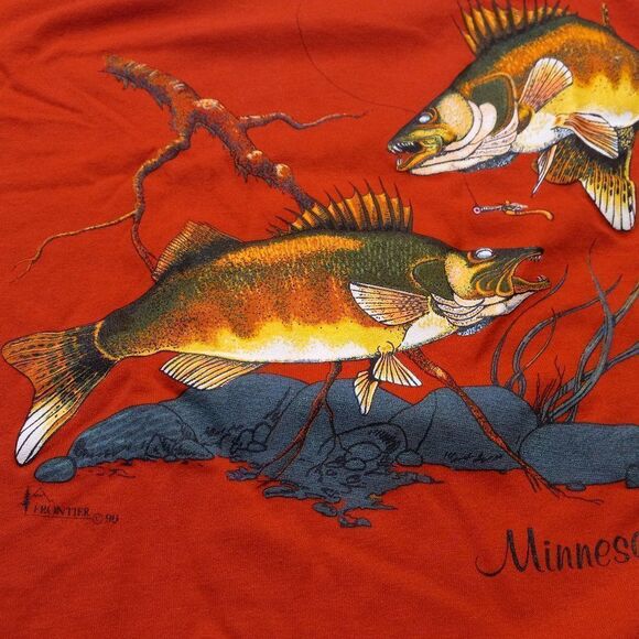Vintage 1990 Frontier, Hef-t Walleyes Graphic Red T-shirt - Picture 1 of 9